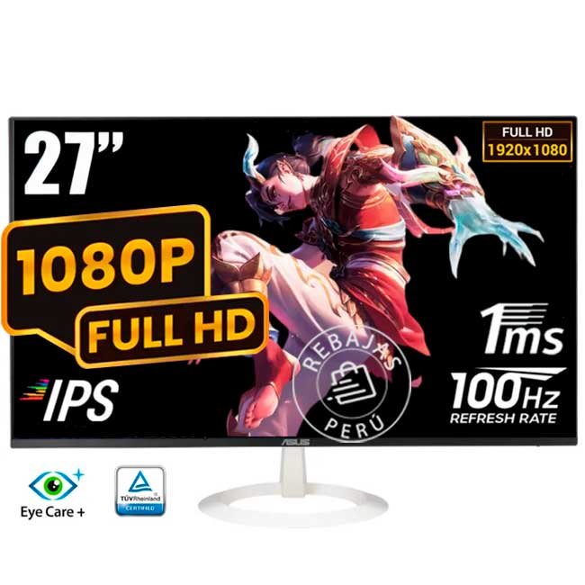 Monitor ASUS VZ27EHF-W 27" FHD IPS 100Hz Eye Care Blanco | Diseño sin marco
