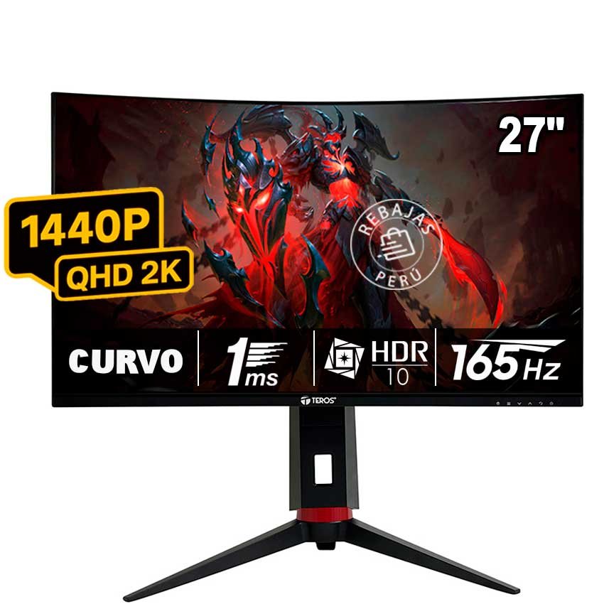 Monitor Curvo TEROS TE-2765G 27” QHD VA, 165Hz, 1ms, HDR10, FreeSync, HDMI, DP, Pivot