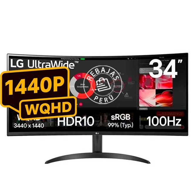 Monitor LG 34WQ75C-B 34" UltraWide QHD IPS Curvo, HDR10, USB-C 90W, Altavoces MaxxAudio, LAN RJ45
