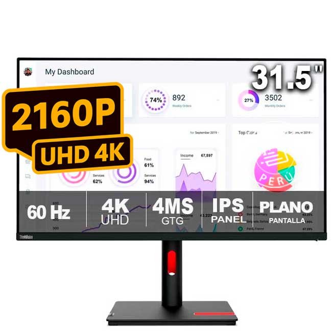 Monitor Lenovo T32p-30 63D2ZAR1LA 31.5” IPS 4K UHD 60Hz USB-C HDMI RJ45 Antirreflejo Negro