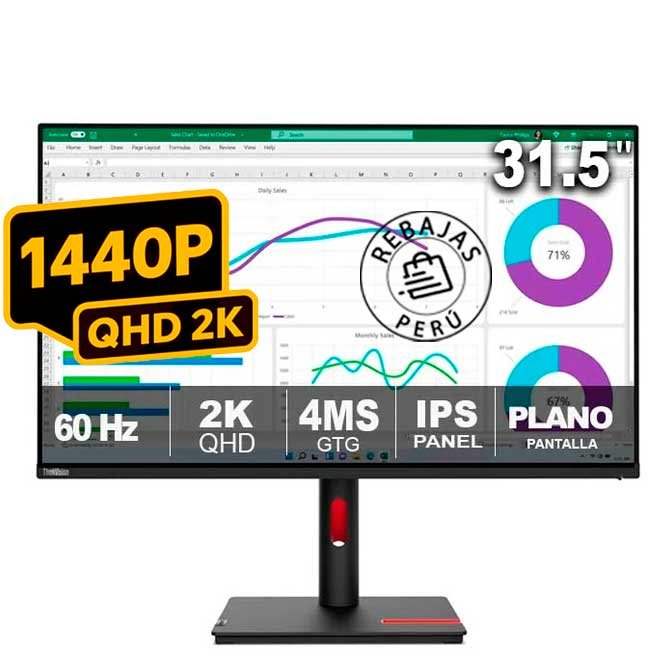 Monitor Lenovo ThinkVision T32h-30 63D3GAR1LA 31.5" WLED IPS QHD 2560x1440, USB-C, HDMI, DisplayPort, Ethernet, 60Hz, Negro
