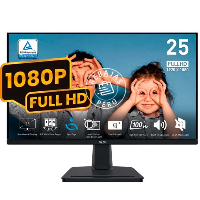 Monitor MSI PRO MP251 24.5” FHD IPS, 100Hz, 1ms, Antideslumbrante, Altavoces, VESA, EyesErgo, HDMI y VGA