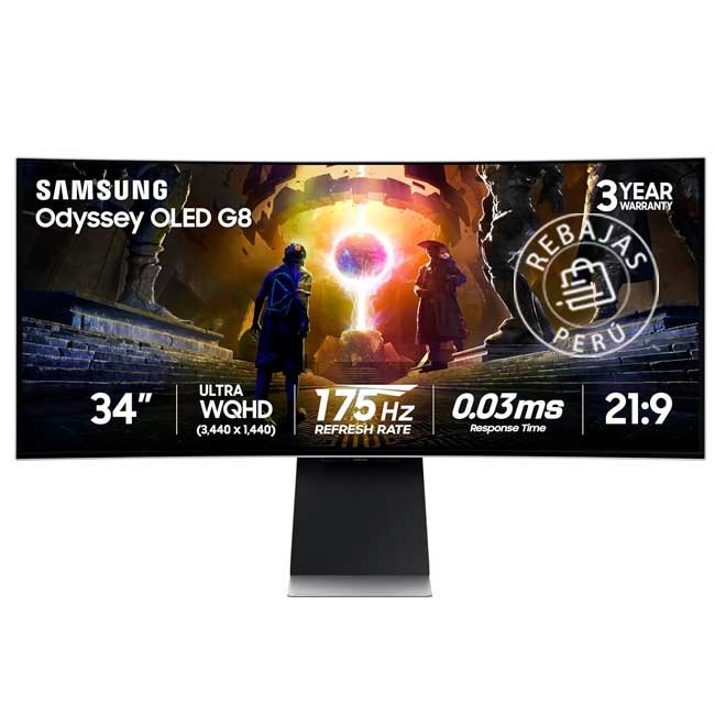 Monitor Samsung Odyssey OLED G8 LS34DG850SLXPE 34" Ultra WQHD 175Hz 0.03ms QD-OLED HDR10+ HDMI DP VESA