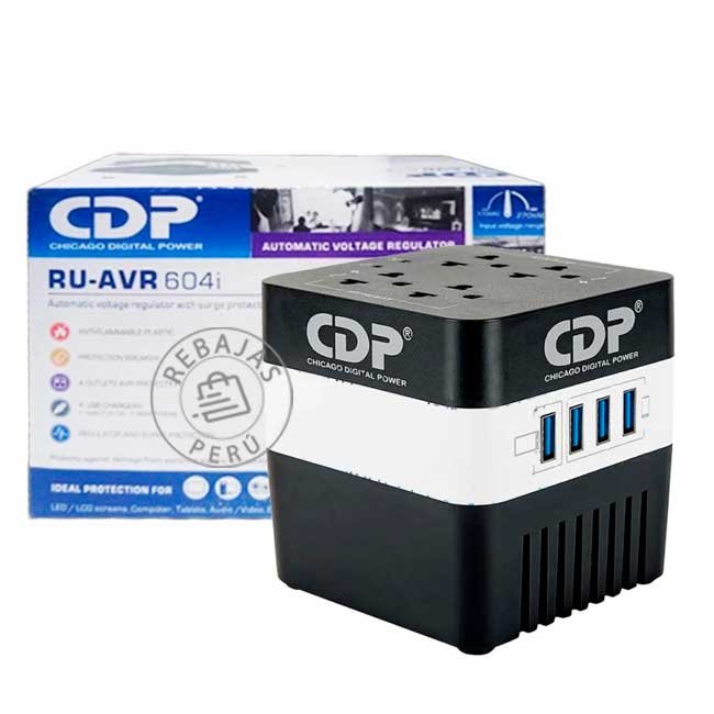 Estabilizador CDP RU-AVR604I 600VA 300W con 4 Salidas CA y 4 Puertos USB – Protección AVR y Sobrecargas
