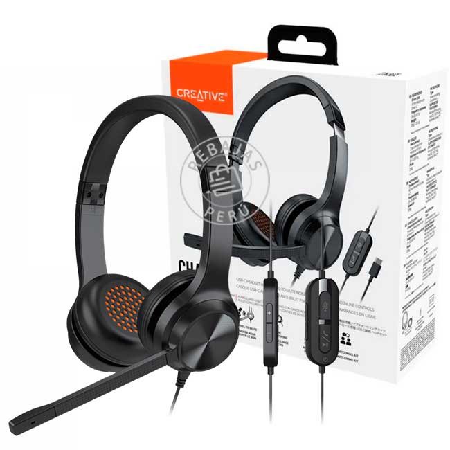 Audífono con Micrófono Creative Chat USB-C / USB-A Noise-Cancelling Negro