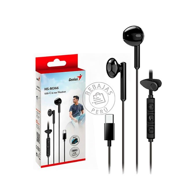 Audífono con Micrófono Genius HS-M366 In-Ear USB-C 14.2mm Negro
