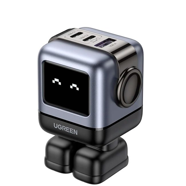 Cargador UGREEN Nexode 65W GaN – 3 puertos (2 USB-C + 1 USB-A) con pantalla LED – Color gris