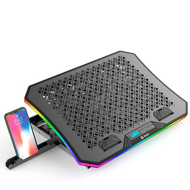 Cooler TEROS TE-7130N para Notebooks 10" a 19" – 3 Ventiladores RGB, LCD y Ajuste de Ángulo