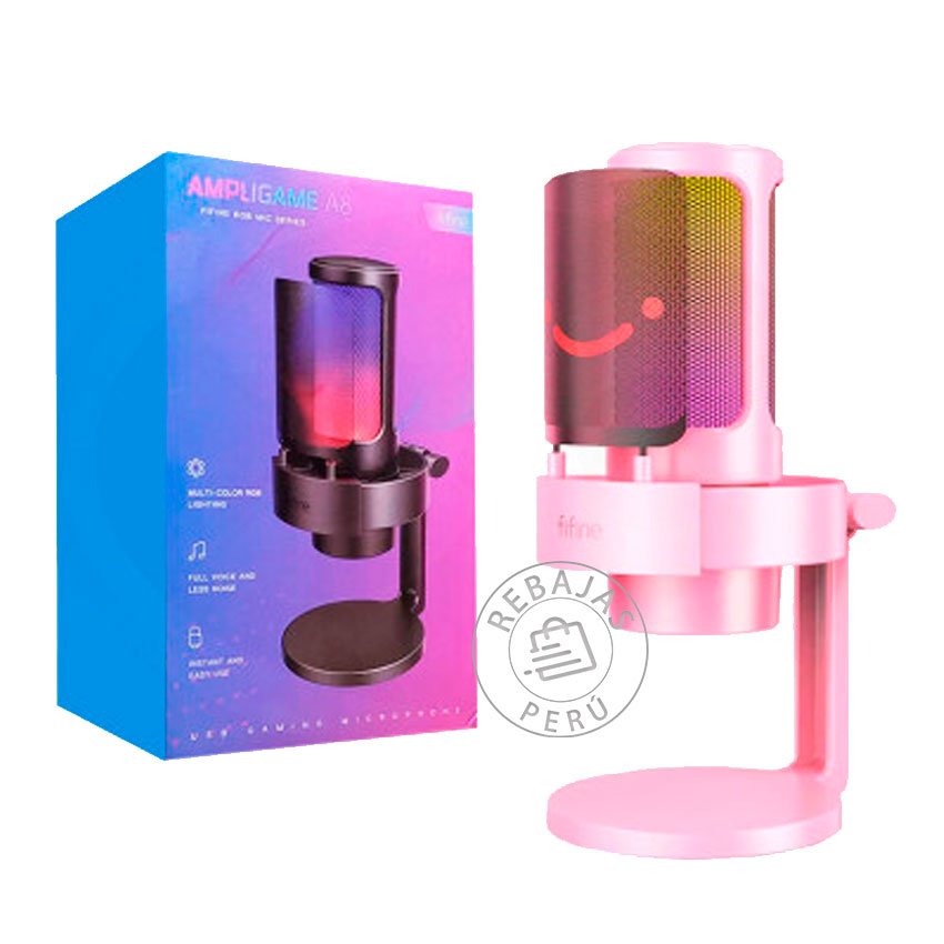Micrófono Fifine A8 Pink Gamer | RGB, Filtro Antipop y Sonido Profesional USB
