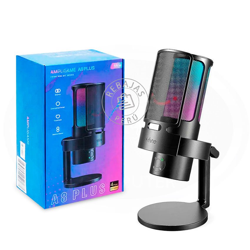 Micrófono Fifine A8 Plus Negro Condensador USB con RGB y 4 Patrones Polares para Streaming y Podcast