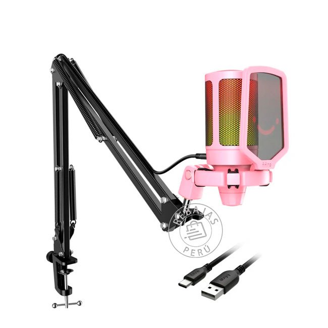 Micrófono Fifine A6T Pink con Soporte de Brazo | RGB, Condensador, USB Plug & Play