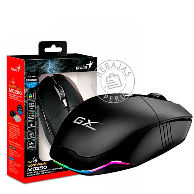 Mouse Inalámbrico Genius GX Scorpion M8250 AI Copilot Recargable RGB Bluetooth 3200 DPI Negro
