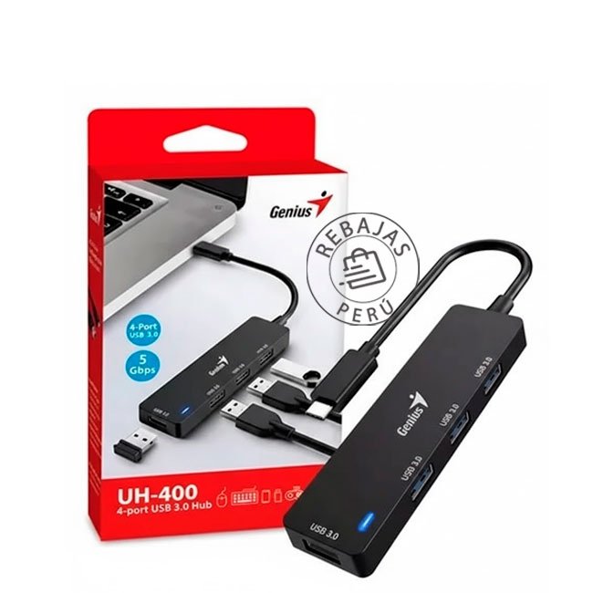 Hub USB-C Genius UH-400 4 Puertos USB-A 3.0 Negro Plug & Play