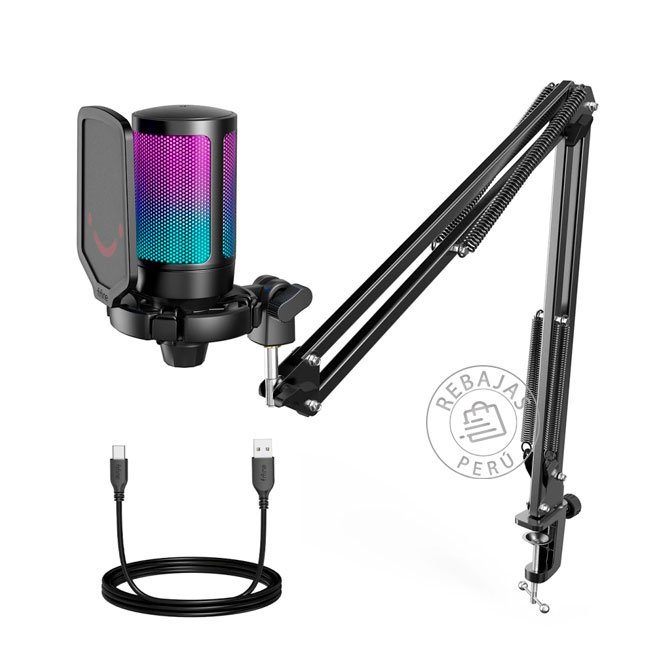 Micrófono Gamer Fifine A6T BLACK USB con Brazo Articulado, RGB y Control de Volumen