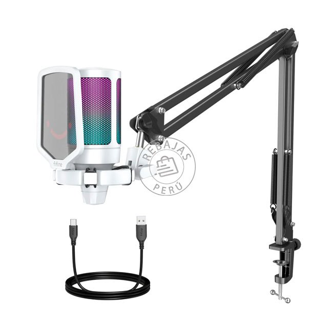 Micrófono Gamer Fifine A6T WHITE USB Condensador Cardioide con Brazo, RGB y Control de Volumen