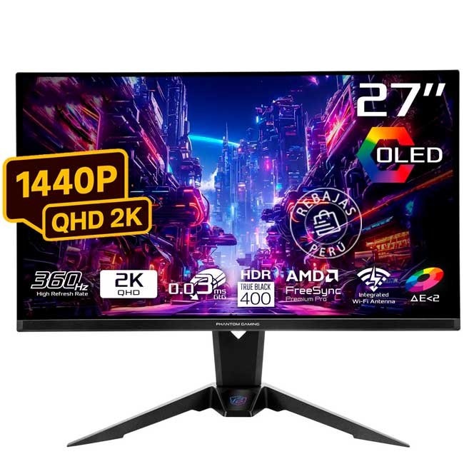 Monitor Gamer ASRock PGO27QFV 27" QHD QD-OLED 360Hz 0.03ms HDR400 FreeSync USB-C HDMI 2.1 Altura Ajustable