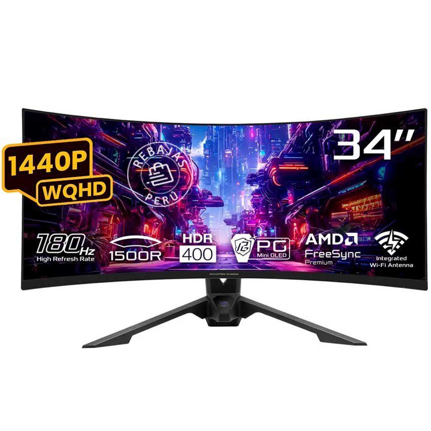 Monitor Gamer Curvo AsRock PG34QRT3A 34" WQHD 180Hz 1ms VA HDR400 FreeSync RGB USB Wi-Fi