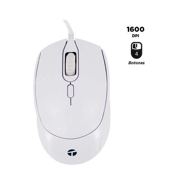 Mouse Óptico TEROS TE-1225S USB 4 Botones 1600 DPI con Cable Blanco