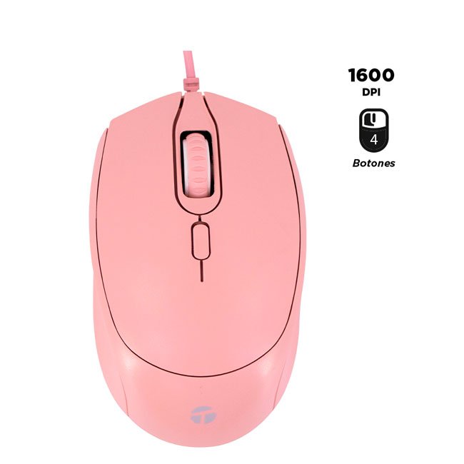 Mouse Óptico TEROS TE-1226S USB Rosado 4 Botones 1600 DPI con Cable 