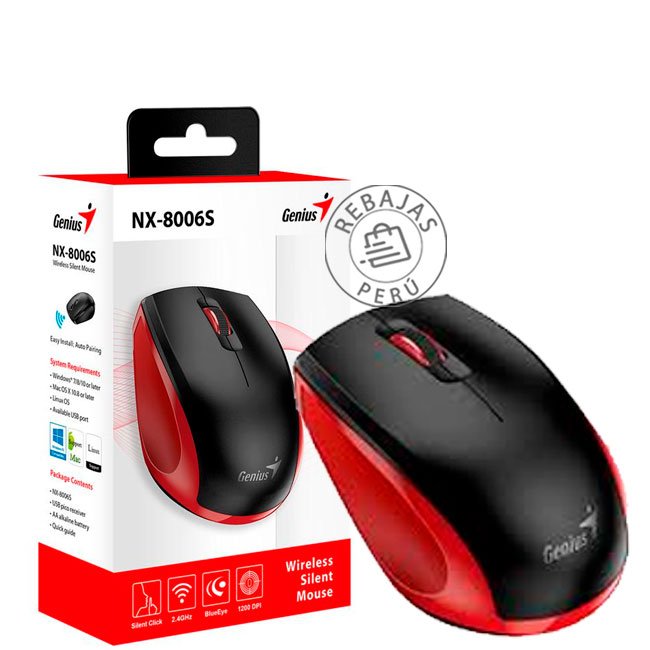 Mouse Inalámbrico Genius NX-8006S Silent BlueEye Ergonómico 1200 DPI Negro/Rojo