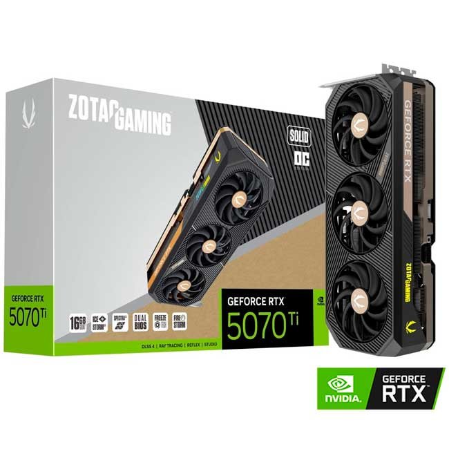 Tarjeta de Video ZOTAC GAMING GeForce RTX 5070 Ti SOLID OC 16GB GDDR7 DLSS 4 IceStorm 3.0 RGB
