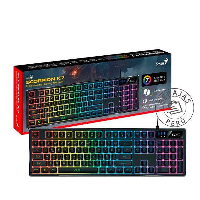 Teclado Gamer Genius Scorpion K7 con Retroiluminación RGB, 19 Teclas Anti-Ghosting y Macros Programables